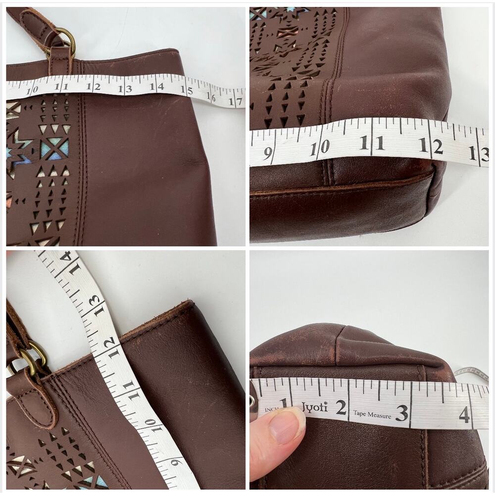 Pendleton Open Top Tote Bag Chocolate Brown Leather Laser Cut Wool Blanket Panel - Picture 9 of 13